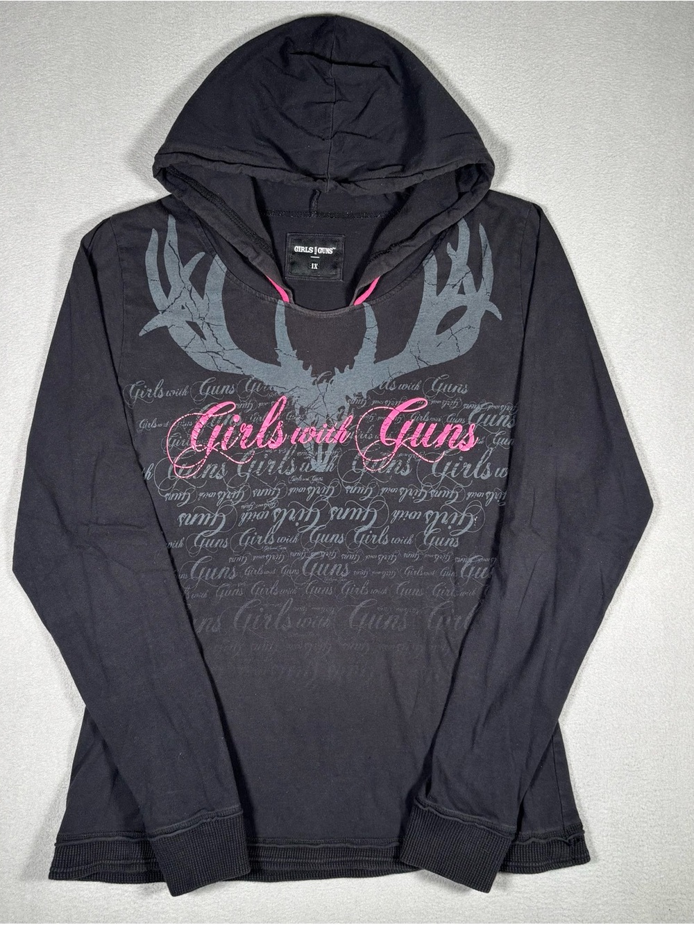 Girls With Guns Hooded Long Sleeve Shirt Women’s 1X Black Pink Top